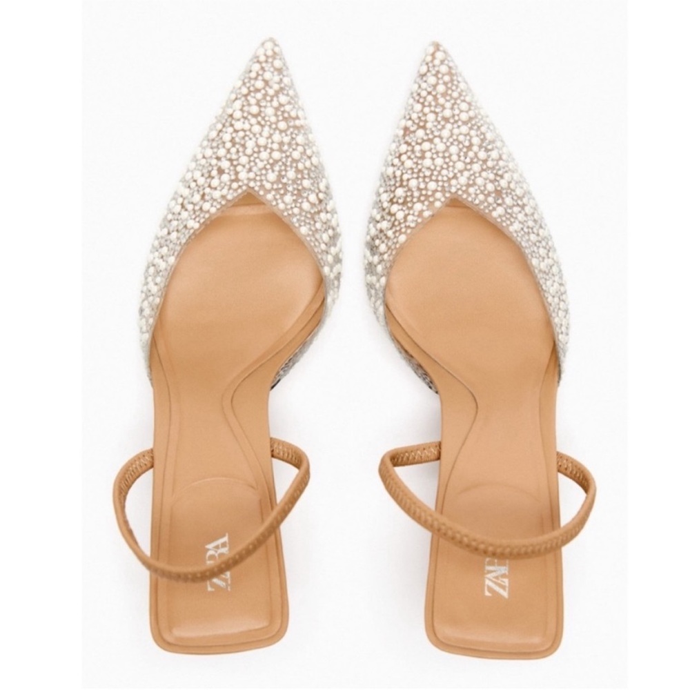 Zara Clear PVC Pearl & Rhinestone embellished Pointed Toe Slingback heels - Picture 3 of 7
